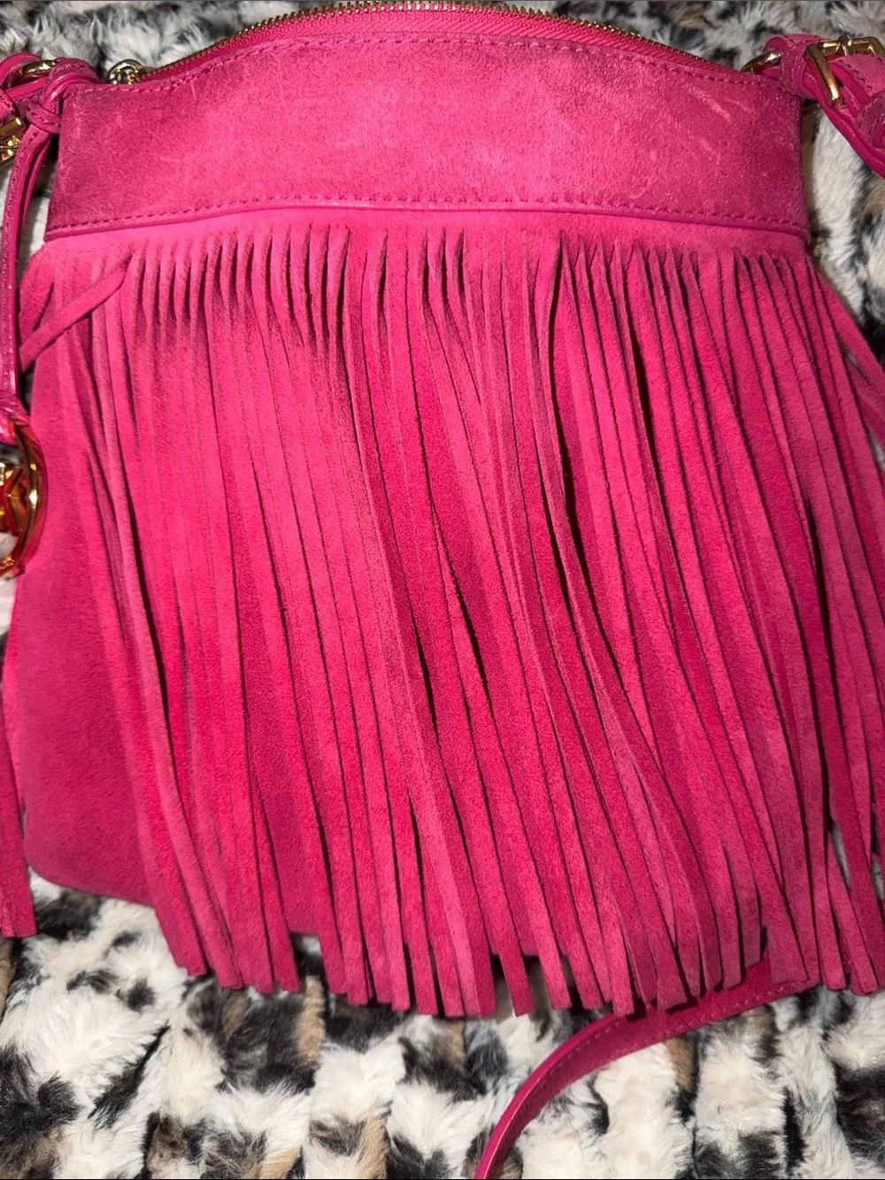 Michael Kors Hot Pink Suede Billy Fringe Crossbody with Gold Hardware